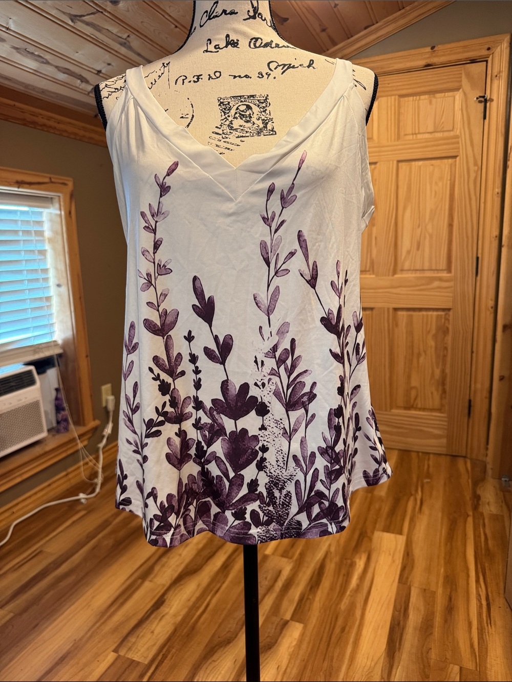 Lily White V-Neck Tank with Purple Botanical Print